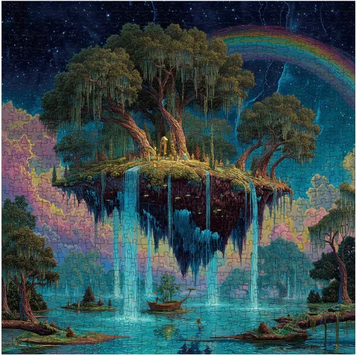 Rompecabezas de isla flotante de bosque de fantasía de 1000 piezas para adultos, rompecabezas mágico de cascada de arco iris, rompecabezas de arte