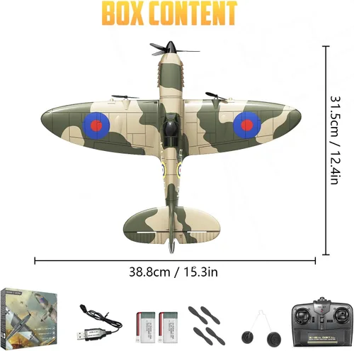 Miniatura 6 de HAWK'S WORK Avión RC Spitfire Fighter de 3 canales, Warbird de control remoto listo para volar, estabilizador giroscopio de 6 ejes de 2.4 GHz, fácil
