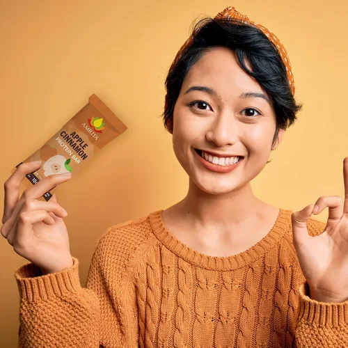 Miniatura 5 de Amrita - Barras de proteínas veganas sin frutos secos con manzana y canela (paquete de 12) Barra de proteínas de 11g a base de plantas Sin