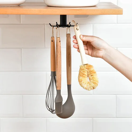 Miniatura 5 de 4 ganchos para utensilios de cocina debajo del gabinete, rotación de 360°, adhesivo sin uñas, estante colgante para utensilios de cocina