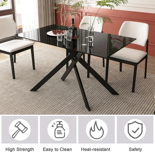 Miniatura 8 de Mesa de comedor de vidrio negro de 51.2 pulgadas para 4, mesa rectangular de comedor de cocina para 4, mesa rectangular de vidrio templado de 0.32