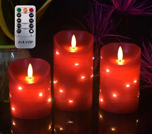 DANIP - Vela LED roja sin llama con cuerda de estrella integrada, juego de 3 velas LED, con control remoto de 11 botones, función de temporizador de