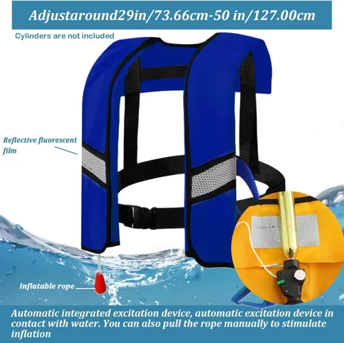 Miniatura 7 de Paquete de 3 chalecos salvavidas inflables automáticos 150N – Chaleco de natación de nailon ajustable con inflado de CO2, tiras reflectantes y Azul