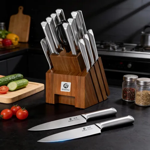 Miniatura 2 de imarku Juego de cuchillos de cocina con bloque y afilador, 16 piezas de acero inoxidable japonés de alto carbono ultra afilado, mango ergonómico