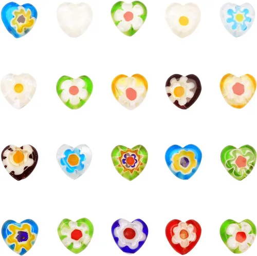 Miniatura 5 de YouLuo Millefiori Lampwork - 100 cuentas sueltas de cristal con forma de corazón, cuentas espaciadoras redondas para hacer joyas
