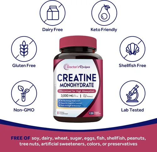 Miniatura 5 de Doctor's Recipes Monohidrato de creatina 3000 mg por porción, cápsulas de creatina micronizada para mujeres y hombres, para fuerza, energía