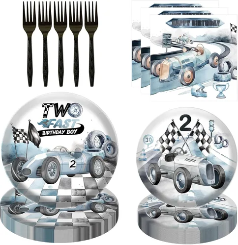 80 piezas de decoración vintage de auto de carreras de 2º cumpleaños – Dos platos de postre rápidos, servilletas, tenedores, kit de vajilla para