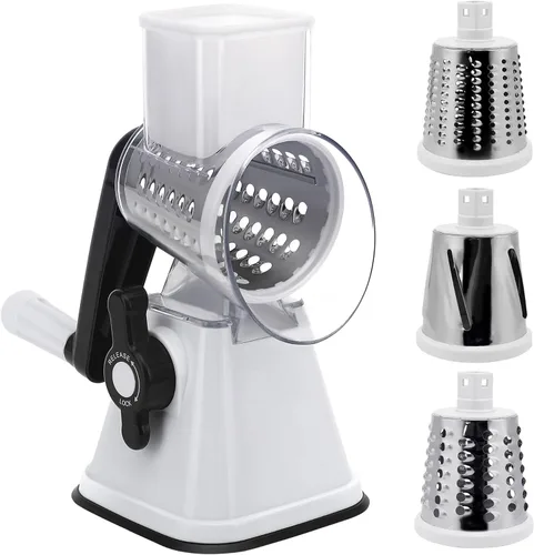 Miniatura 9 de Ralladores de queso con asa, trituradora manual de queso, rallador giratorio con 3 cuchillas de tambor reemplazables para verduras, frutas, Verde