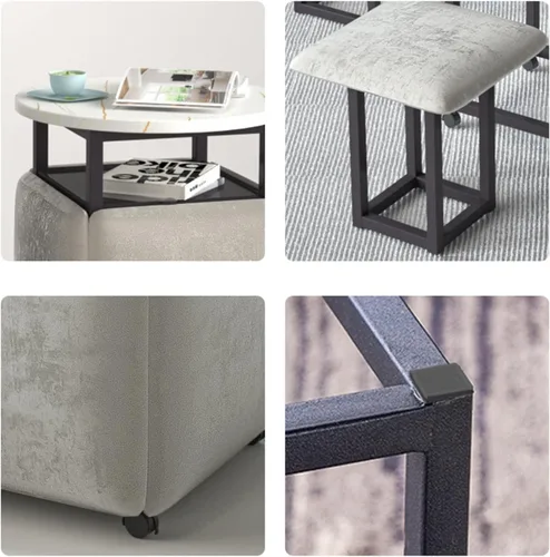 Miniatura 7 de Mesa de comedor combinada 5 en 1 con 4 taburetes, mesa auxiliar anidable que ahorra espacio, taburete otomano apilable, reposapiés, sofá y mesa