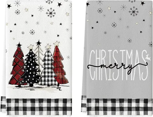 Artoid Mode Toallas de cocina con estampado de búfalo de Merry Christmas, toallas de cocina de invierno con árboles de Navidad y estrellas, toallas