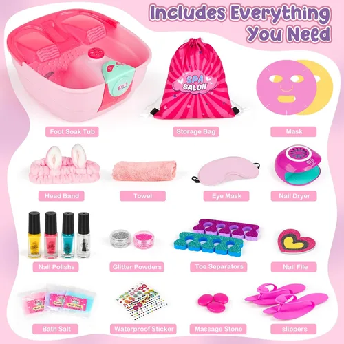 Miniatura 2 de Kit de spa de pies y uñas para niños, kit de día de spa para niñas con máscara de baño de pies y secador de uñas, kit de juguetes de manicura