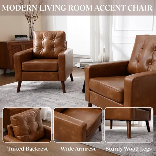 Miniatura 4 de BESTANO Silla decorativa marrón, sofá individual copetudo de piel sintética, silla de club de gran tamaño, sillón moderno de mediados de siglo