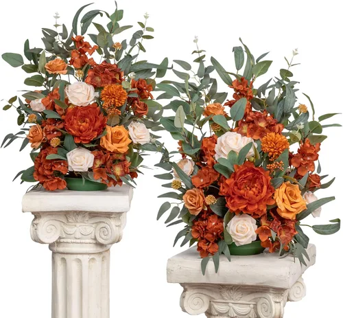 Miniatura 14 de TINGE TIME Juego de 2 flores artificiales de pie, centro de mesa con almohadilla de goma, flor falsa de seda para centro de mesa de boda, arco