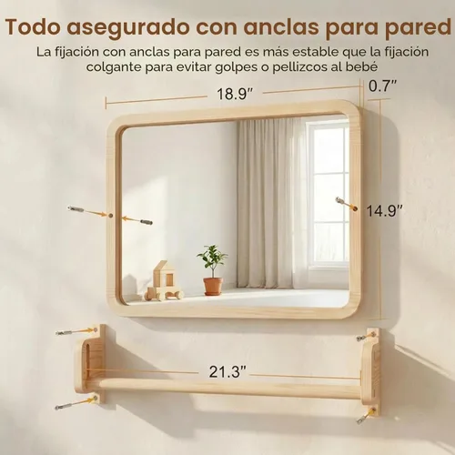 Miniatura 2 de Woodtoe Espejo Montessori con barra, juguetes ajustables para bebés, marco de madera maciza sin pintar natural y barra de dominadas para bebés
