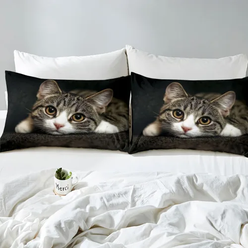 Miniatura 5 de Feelyou Juego de sábanas de gatos con patrón de animales 3D para niños y niñas, decoración de gatos, gatitos, juego de cama marrón y gris, 3 piezas