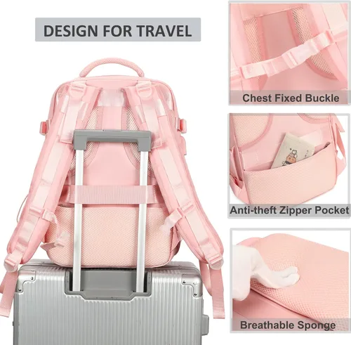 Miniatura 4 de AO ALI VICTORY Mochila de viaje para mujeres y hombres de 15.6 pulgadas para laptop, mochila de transporte, mochila grande para universidad, Rosa