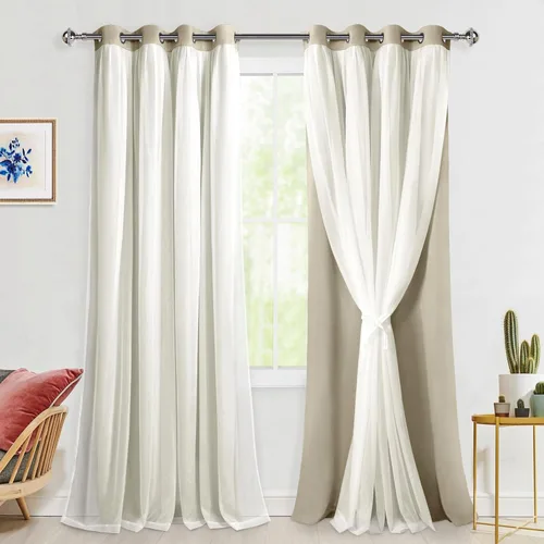 Miniatura 67 de Hiasan Cortinas opacas con superposición transparente, aislamiento térmico para mezclar y combinar de doble capa, cortinas de oscurecimiento de Beige