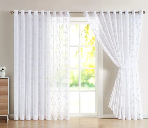Miniatura 10 de Cortinas LinenZone de piso a techo para ventanas extra anchas. Cortinas transparentes blancas para divisores de habitación con bordado de hojas rosa