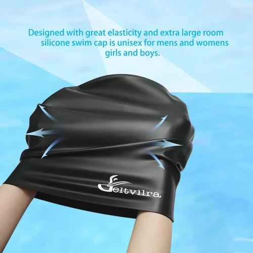 Miniatura 5 de Paquete de 4 gorros de natación de silicona extra grandes para trenzas y rastas, negro, para mujeres y hombres, pelo largo, para piscina, impermeable