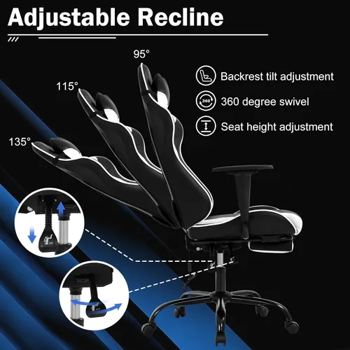 Miniatura 7 de Silla ergonómica para juegos de PC, silla de oficina de carreras, silla de videojuegos, función de masaje, soporte lumbar con reposabrazos Blanco