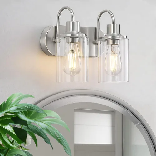 Miniatura 8 de Lámpara de baño negra mate sobre espejo, lámpara de tocador de baño de 2 luces con pantalla de vidrio transparente, apliques de pared modernos