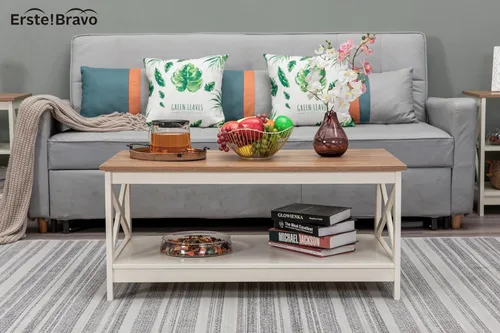 Miniatura 4 de Mesa de centro de granja con almacenamiento, mesa central cuadrada moderna con estante para sala de estar, mesa de cóctel de aspecto de madera