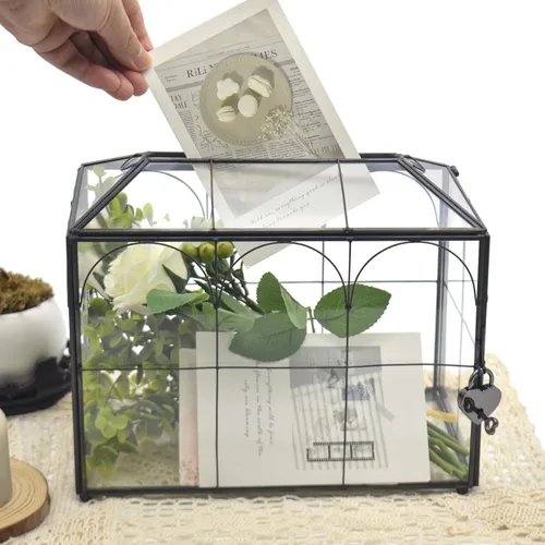 Miniatura 2 de Caja grande de tarjetas negra y de vidrio para boda con cerradura y ranura, tarjetero para sobres de boda para recepción, caja de cerradura