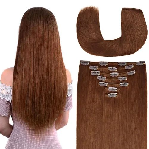 Miniatura 28 de Extensiones de cabello humano Remy de 12 pulgadas con clip para mujer, extensiones de cabello humano sedoso y liso, 1.76 onzas, 4 piezas