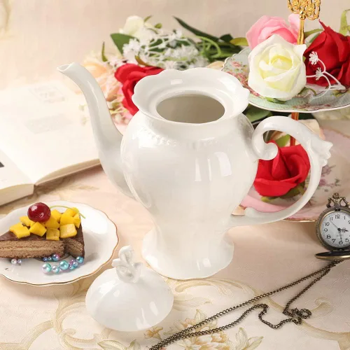 Miniatura 5 de Tetera inglesa ultra blanca de porcelana fina, cafetera estilo Victoria, peso ligero, 37 onzas