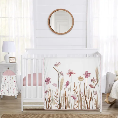 Miniatura 13 de Sweet Jojo Designs Juego de ropa de cama para cuna de bebé niña con hojas florales rosadas y blancas, bohemio, bohemio, acuarela, flores botánicas