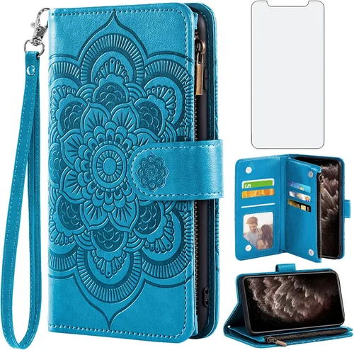 Asuwish Compatible con iPhone 11 Pro 5.8 Funda tipo cartera y protector de pantalla de vidrio templado, soporte de tarjeta de cuero con flor para