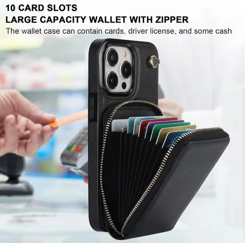 Miniatura 3 de KIHUWEY Funda tipo cartera cruzada para iPhone 15 Pro Max, funda con bolsillo con cremallera y soporte para tarjetas, funda protectora de piel Negro