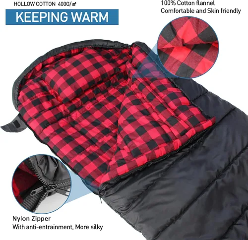 Miniatura 3 de Keencamp Saco de dormir de 0 grados de franela de algodón para invierno, clima frío para adultos, XXL saco de dormir de 4 estaciones, grande y alto