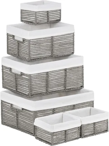 Miniatura 23 de Vagusicc Cesta de almacenamiento de mimbre, cesta de cuerda de papel tejida a mano, cesta rectangular pequeña para organizar, contenedor de Beige