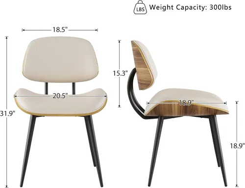 Miniatura 2 de Juego de 2 sillas de comedor modernas de mediados de siglo, sillas de cocina sin brazos de piel sintética con respaldo de madera curvada de nogal