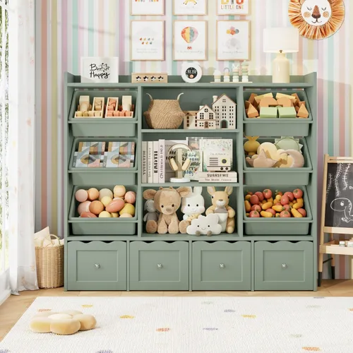 Miniatura 8 de HITHOS Organizador de almacenamiento de juguetes para niños de 55 pulgadas de ancho, caja de juguetes grande con estantería, baúl de juguetes