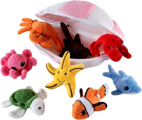 Juego de animales marinos de peluche suave con carcasa de felpa, casa para almacenamiento, incluye tortuga de peluche, langosta, cangrejo, delfín,