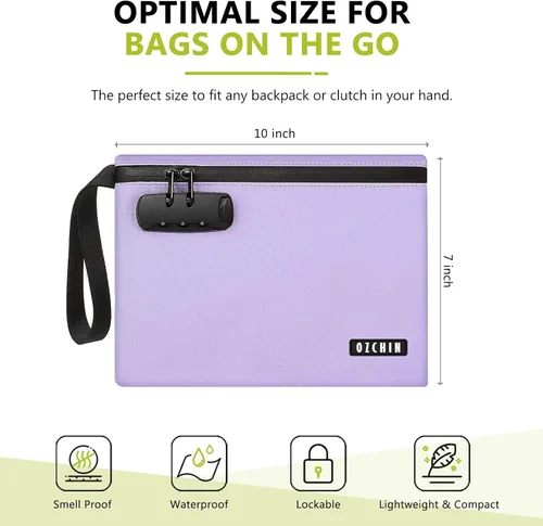 Miniatura 10 de OZCHIN Bolsa a prueba de olores con cerradura de combinación de 10 x 7 pulgadas, bolsa de bloqueo de piel sintética impermeable con cerradura, gran
