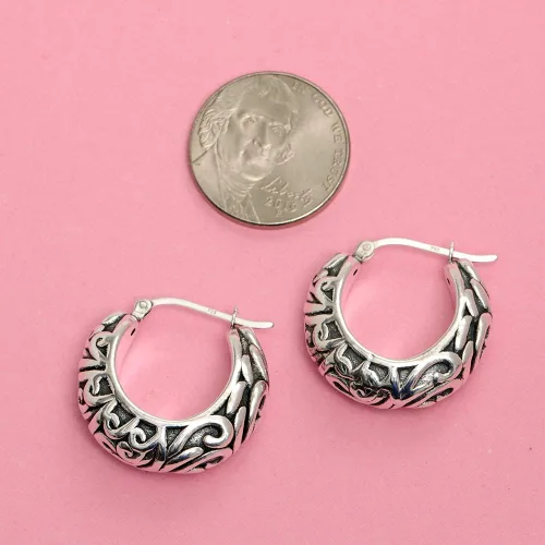 Miniatura 4 de Charmsy - Aretes de aro de plata de ley 925 Aretes de aro de filigrana para mujer Aretes de aro de malla calada Aretes de aro ligeros