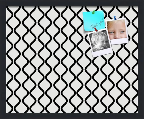 Miniatura 199 de PinPix Tablero de anuncios de corcho de 13 x 13 pulgadas. Este tablero decorativo enmarcado viene con diseño de ondas en blanco y negro y un marco