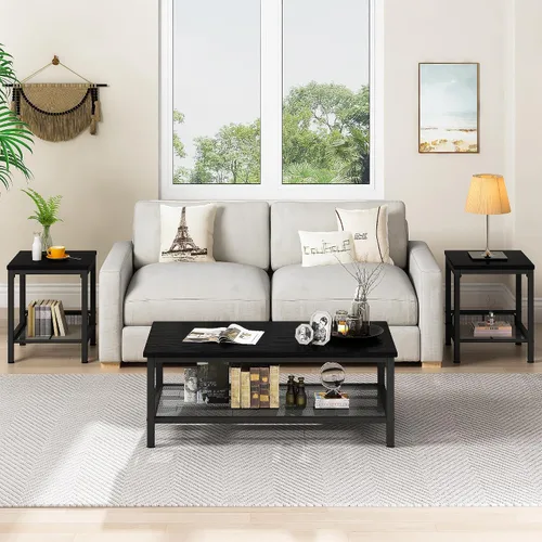 Miniatura 4 de Conjunto de 3 mesas de café AWQM, mesa de café industrial con 2 mesas auxiliares cuadradas, conjunto de mesas modernas para sala de estar con Negro