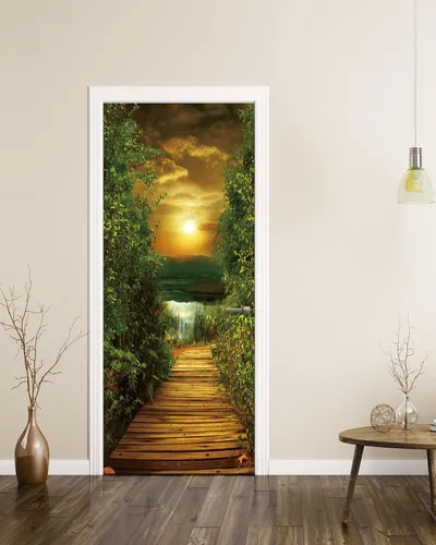 Miniatura 5 de Adhesivo de puerta FLFK - Sendero junto al lago, mural de pelar y pegar, tamaño combinado 36"x80", dividido en 2 piezas Mt649