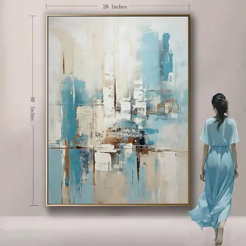 Miniatura 3 de Lienzo abstracto enmarcado con textura 3D para oficina, pintura al óleo abstracta azul pintada a mano para sala de estar, decoración de pared grande