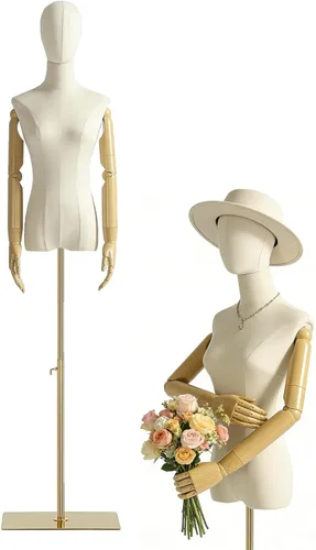 Maniquí Femenino Forma de Vestido Torso, Cuerpo de Maniquí de Exhibición con Cabeza Desmontable, Manos de Madera y Soporte Dorado de Altura
