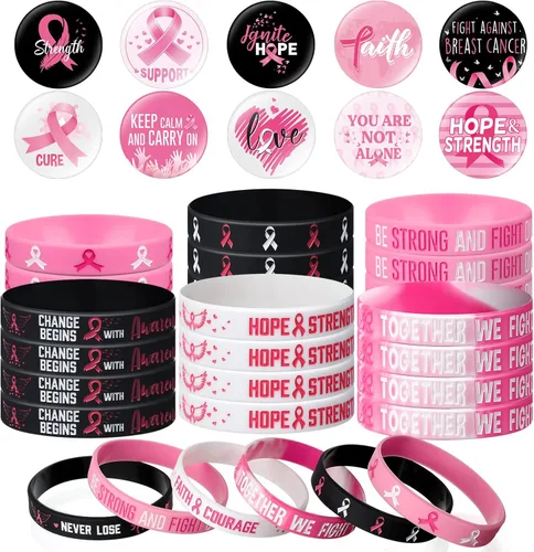 Miniatura 9 de 60 accesorios de concientización sobre el cáncer de mama, incluyen 30 pulseras de silicona de cinta rosa y negra, pulsera de goma y 30 insignias