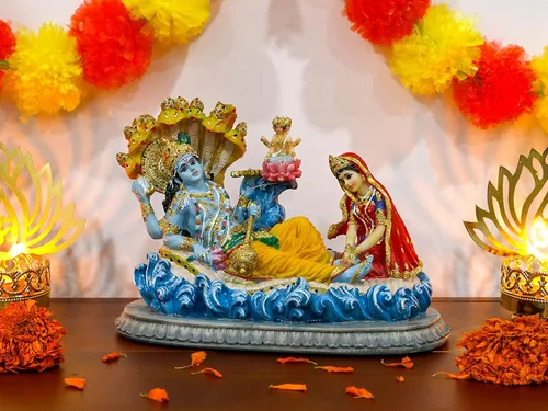 Miniatura 7 de BangBangDa Estatua de Dios hindú Vishnu Lakshmi – 8.3 pulgadas de largo, ídolo indio Vishnu Laxmi Murti, regalo para cumpleaños familiar indio