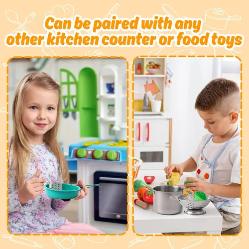 Miniatura 6 de Juego de accesorios de juguete de cocina para niños pequeños, juego de cocina para niñas y niños, incluye ollas y sartenes coloridas (verde)