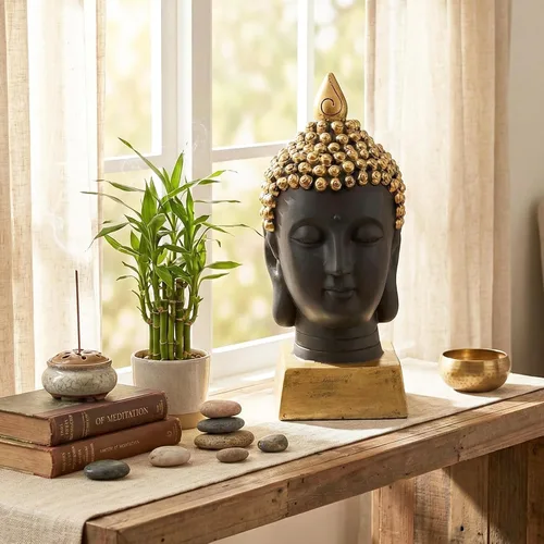 Miniatura 3 de Seraphic Estatua de cabeza de Buda para decoración del hogar o al aire libre, dorada, 13 pulgadas de alto