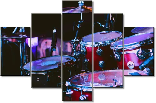 Miniatura 28 de Arte de pared en blanco y negro, kit de batería de jazz morado sobre fondo negro, pinturas de 5 paneles, lienzo, arte de pared para decoración