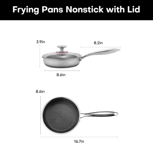 Miniatura 5 de Lazycorner Sartén antiadherente con tapa, sartenes de 20.32 cm de acero inoxidable para cocina, utensilios de cocina no tóxicos, compatibles